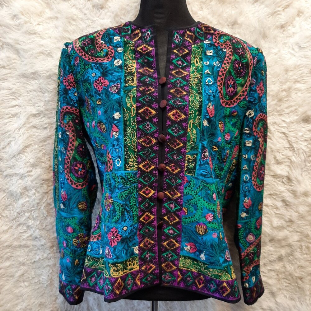 VTG Anne Crimmins for Umi Collections Women's 100% Silk Cashew Flower Jacket 14